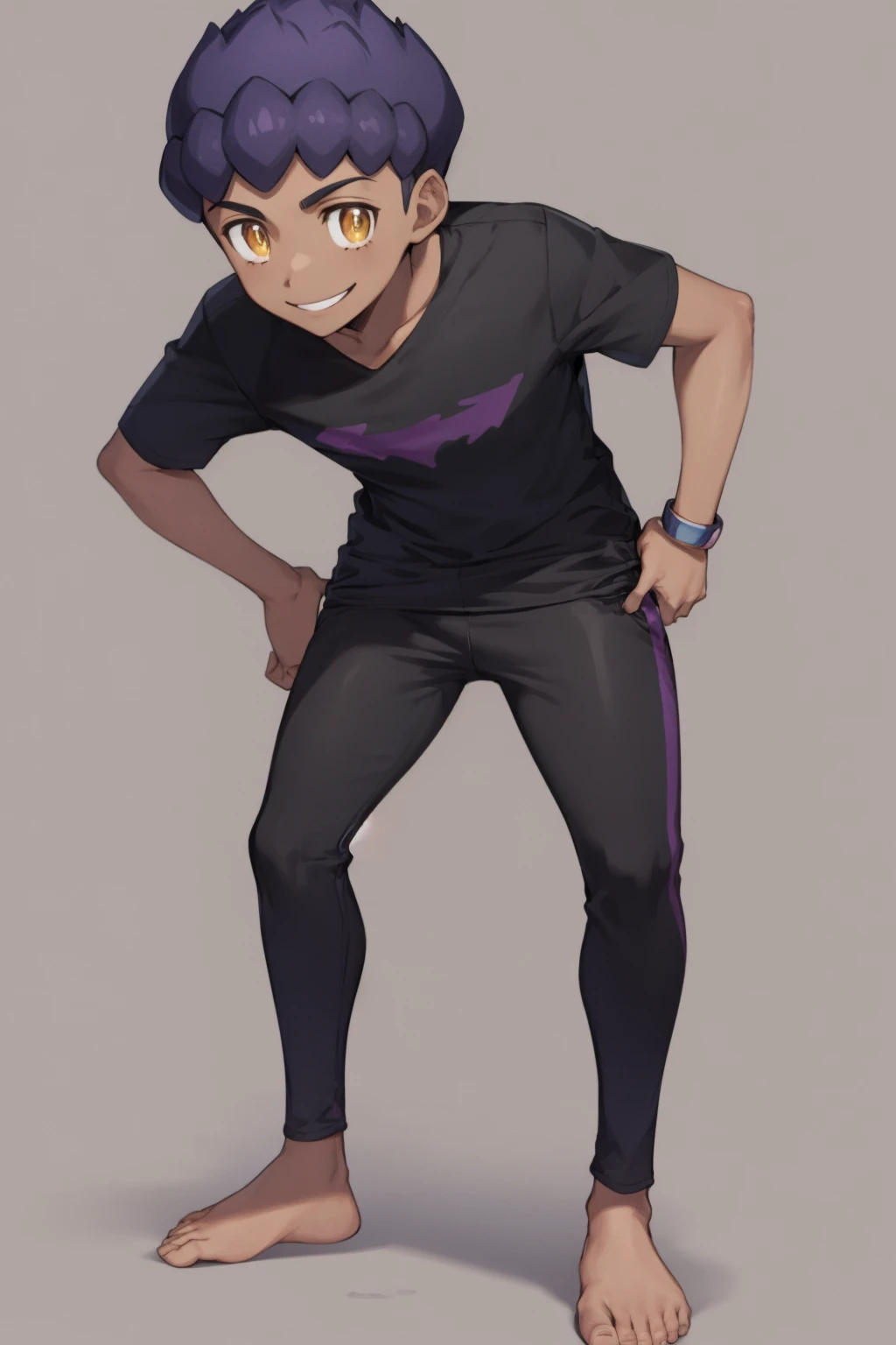 masterpiece, best quality, 1boy, hop \(pokemon\), purple hair, short hair, yellow eyes, dark skin, black pants, black shirt, barefoot, collarbone, full body, hands on hips, looking at viewer, smile, solo, standing, simple background <lora:Hop:1>
