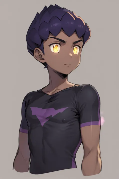 masterpiece, best quality, 1boy, hop \(pokemon\), purple hair,  short hair, yellow eyes, dark skin,  upper body, glowing eyes, sketcha, solo, simple background <lora:Hop:1>
