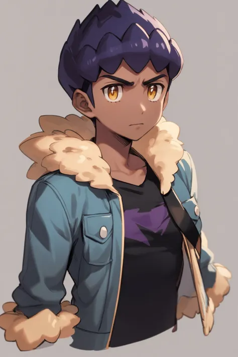 masterpiece, best quality, 1boy, hop \(pokemon\), purple hair, short hair, yellow eyes, dark skin, upper body, fur-trimmed blue jacket, open clothes, open jacket, black shirt, sketch, serious, solo, simple background <lora:Hop:1>