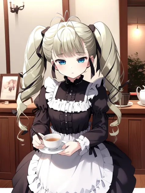 <lora:Aino_Pekonen:0.8>, AinoPekonen, blue_eyes, drill_hair, black_ribbon, twintails, hair_ribbon, twin_drills, antenna_hair, long_hair,
Gothic Maid, cafe, tea,
masterpiece, high quality, very_high_resolution, large_filesize, full color,