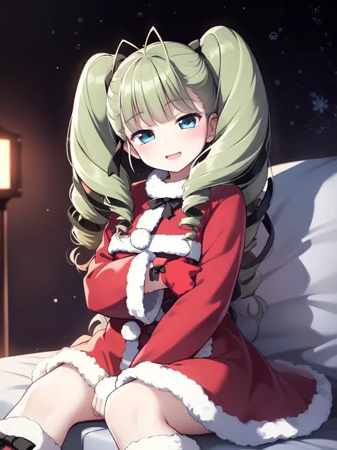 <lora:Aino_Pekonen:0.8>, AinoPekonen, blue_eyes, drill_hair, black_ribbon, twintails, hair_ribbon, twin_drills, antenna_hair, long_hair, smile, happy,
Christmas, SantaClaus,  night, starry sky, sitting,
masterpiece, high quality, very_high_resolution, large_filesize, full color,