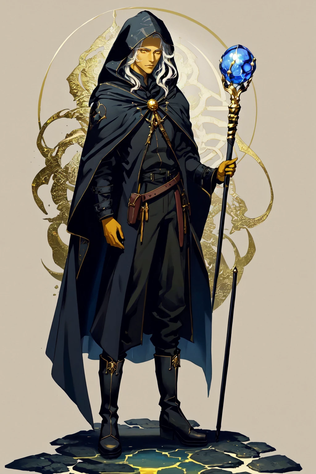 Raistlin Majere, 1boy, male focus, solo, colored skin, gold accent, yellow skin, sunken eyes, wizard, white hair, long hair, long sleeves, holding, staff, hood up, black cloak, black footwear, boots, <lora:RaistlinMajere:0.8>