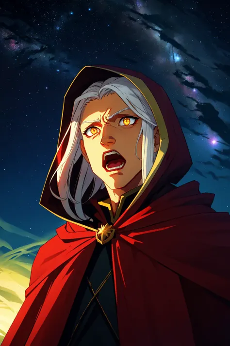 Raistlin Majere, solo, long hair, 1boy,  male focus, holding, white hair, yellow eyes, colored skin, yellow skin, sunken eyes, BREAK, glowing eyes, glowing, sky, red cloack, gold accents,  cloak, red hood, hood, portrait, star (sky), starry sky, magic, portal, BREAK, outdoors, fantasy, insane vibes, godlike, evil, wide eyes, constricted pupils, crazed expression, open mouth, emotional, screaming ,<lora:RaistlinMajere:0.8>