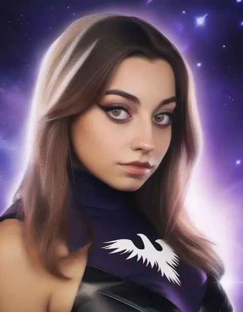 <lora:lmrtnzslys-000009:1> portrait photo of lmrtnzslys, cosplaying as Raven from DC comics, space background, dramatic light, best quality, skin texture, skin detailed, serious look on her face, facing the camera, face front, sharp details