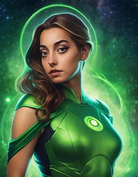 <lora:lmrtnzslys-000009:1> portrait photo of lmrtnzslys, cosplaying as Jessica Cruz, The green lantetndetailed skin, skin texture, in space, green forcefield around her