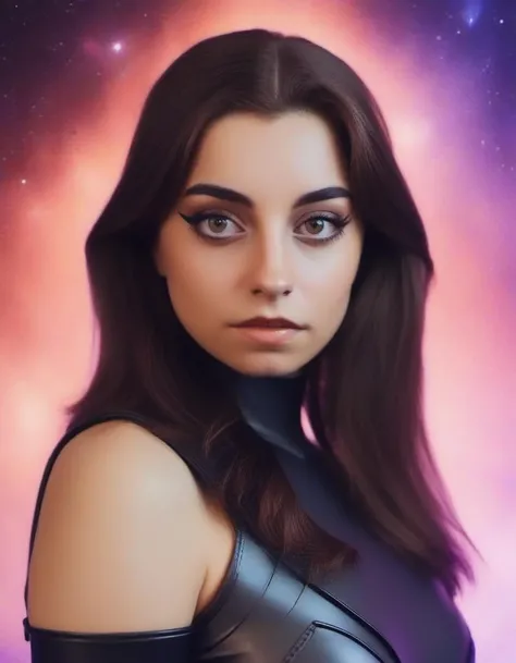 <lora:lmrtnzslys-000009:1> portrait photo of lmrtnzslys, cosplaying as Raven from DC comics, space background, dramatic light, best quality, skin texture, skin detailed, serious look on her face, facing the camera, face front
