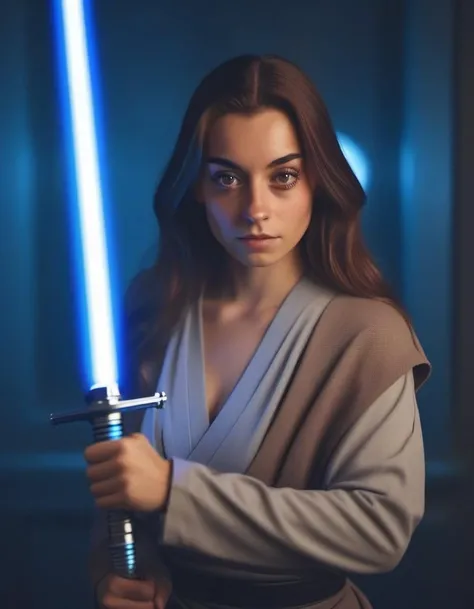<lora:lmrtnzslys-000009:1> close portrait photo of lmrtnzslys woman, cosplaying as a jedi knight, blue Lightsaber in hand, in combat stance, movie still, cinematic lighting