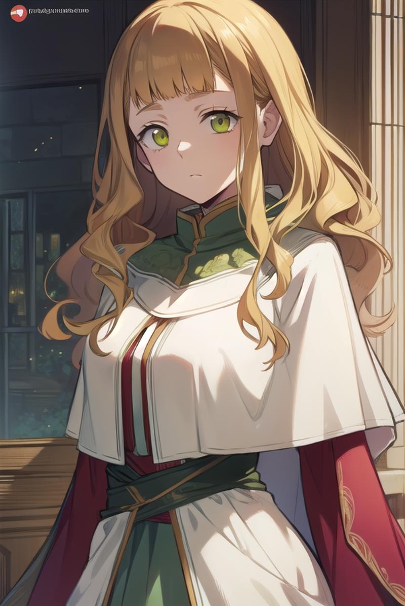 A woman in a white dress and red cape with green eyes - SeaArt AI