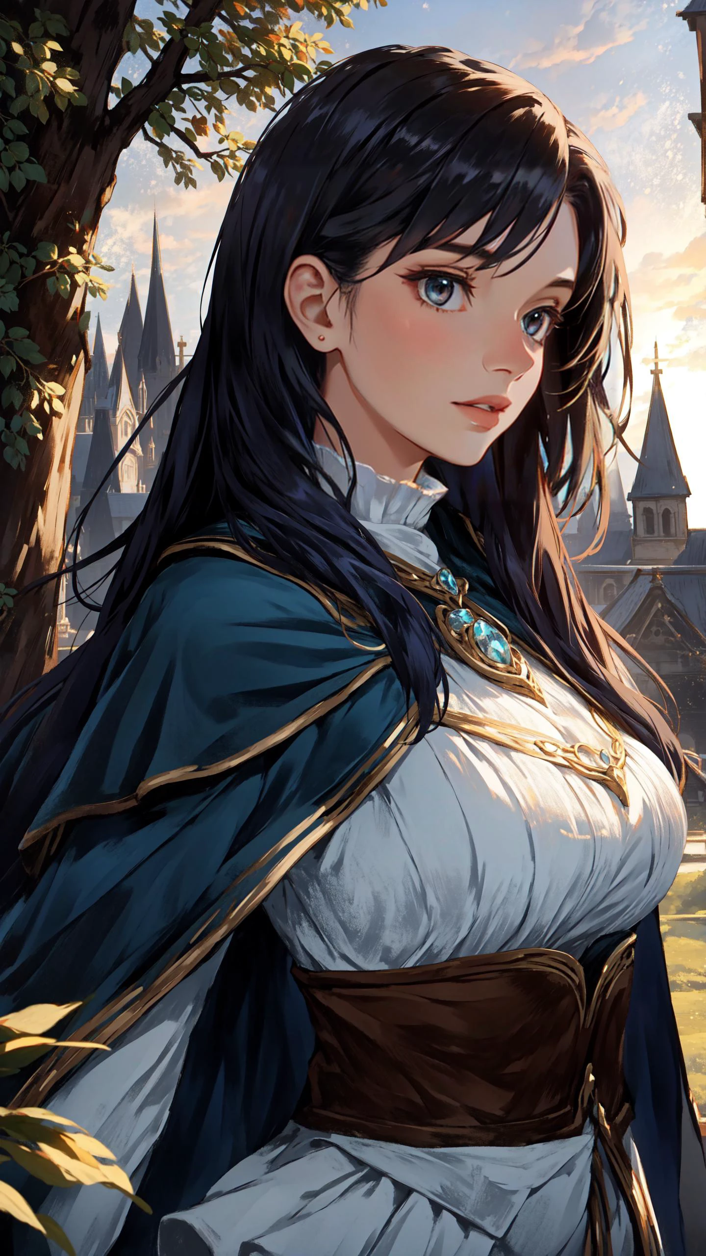 (Layered Depth, Parallax Effect, Soft focus foreground:1.3) (clothed, masterpiece, wide angle, cinematic establishing shot, young adult european woman, highly detailed background:1.2), volumetric lighting, subsurface scattering, dynamic pose, (special effects, color grading, fantasy aura), (Twilight Druid:1.4), (Cleavage, Large Covered Breasts:0.81), Dusk sky, animal familiars, leafy cloak, ancient oaks