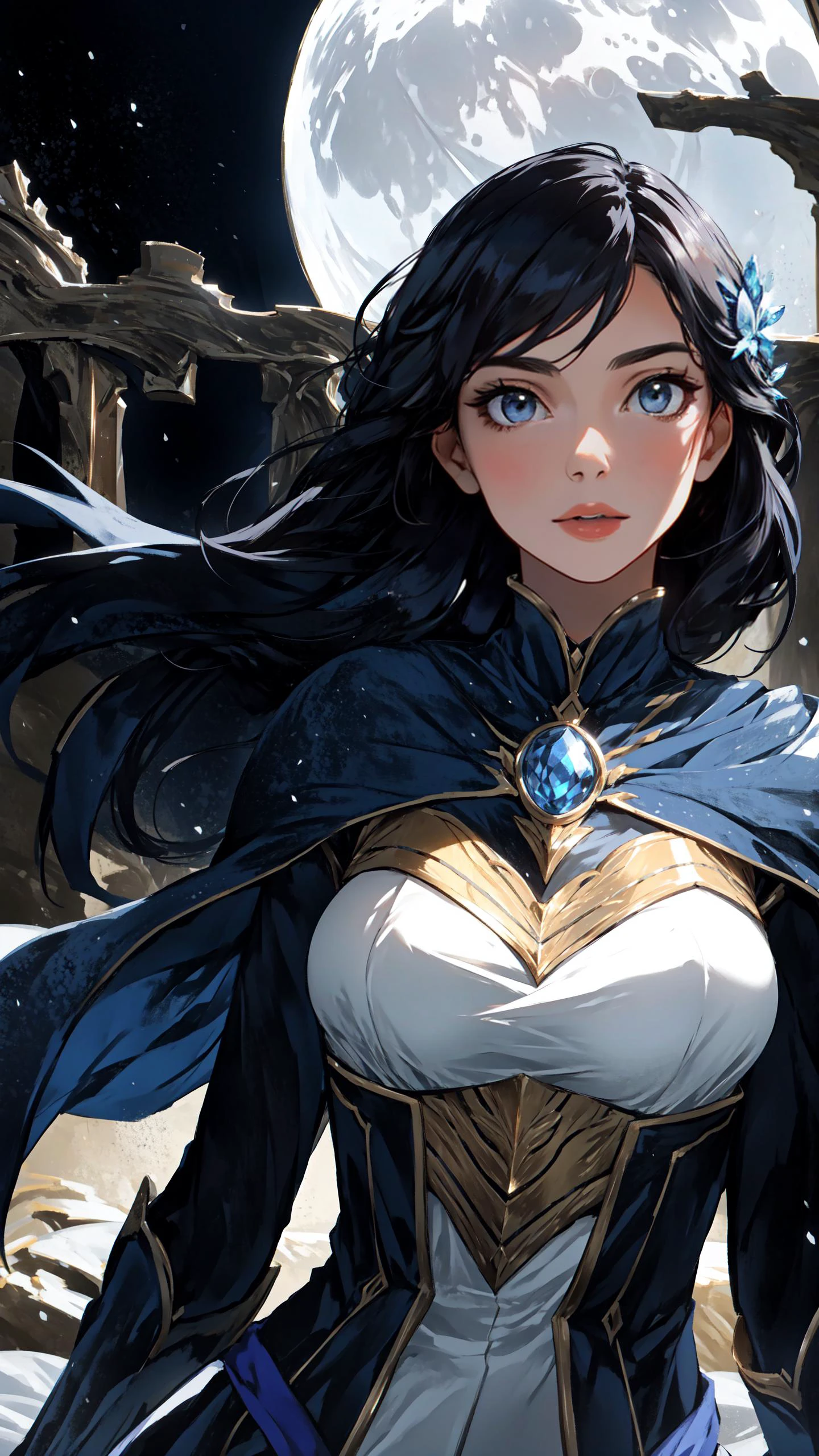 (Layered Depth, Parallax Effect, Soft focus foreground:1.3) (clothed, masterpiece, wide angle, cinematic establishing shot, young adult european woman, highly detailed background:1.2), volumetric lighting, subsurface scattering, dynamic pose, (special effects, color grading, fantasy aura), (Moonlit Enchantress:1.4), (Medium Covered Breasts:0.81), Moonlight, glimmering cape, ancient runes, mystical aura