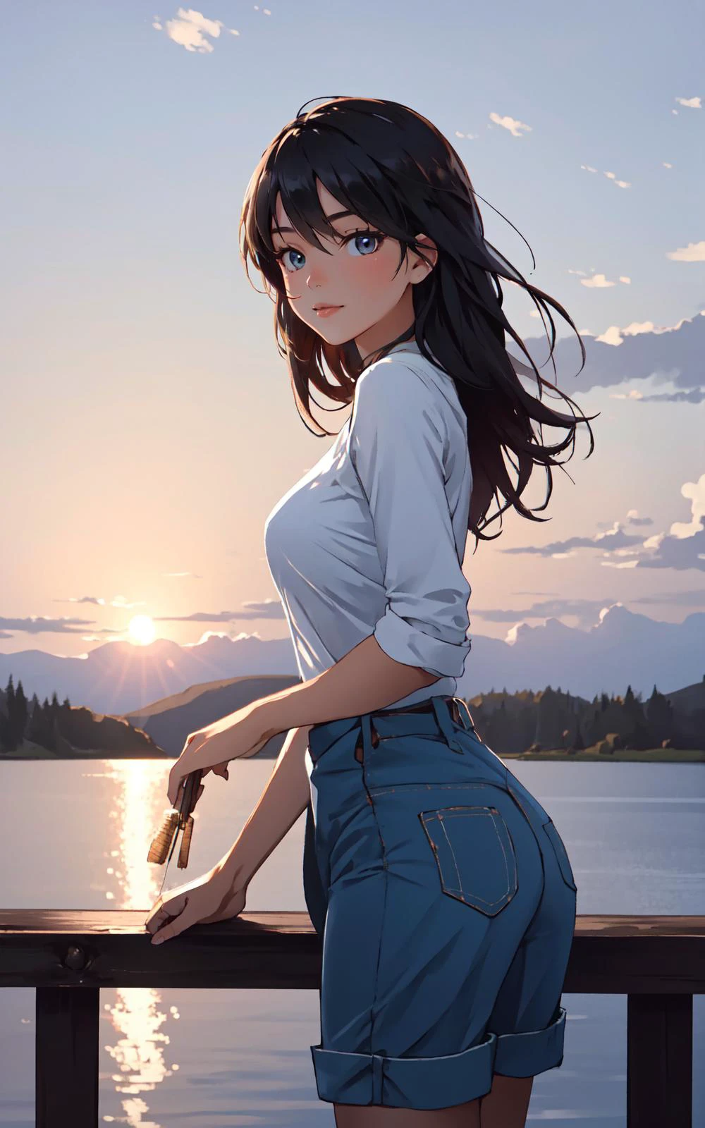 (Layered Depth, Parallax Effect, Soft focus foreground:1.3) (cowboy shot, solo focus, cinematic photoshoot of perfect seductive young woman Fishing at the End of a Tranquil Pier:1.3), peaceful pier extending into a glasslike lake, reflecting a pastel sunrise, while a lone figure fishes in harmony with the stillness of the morning.