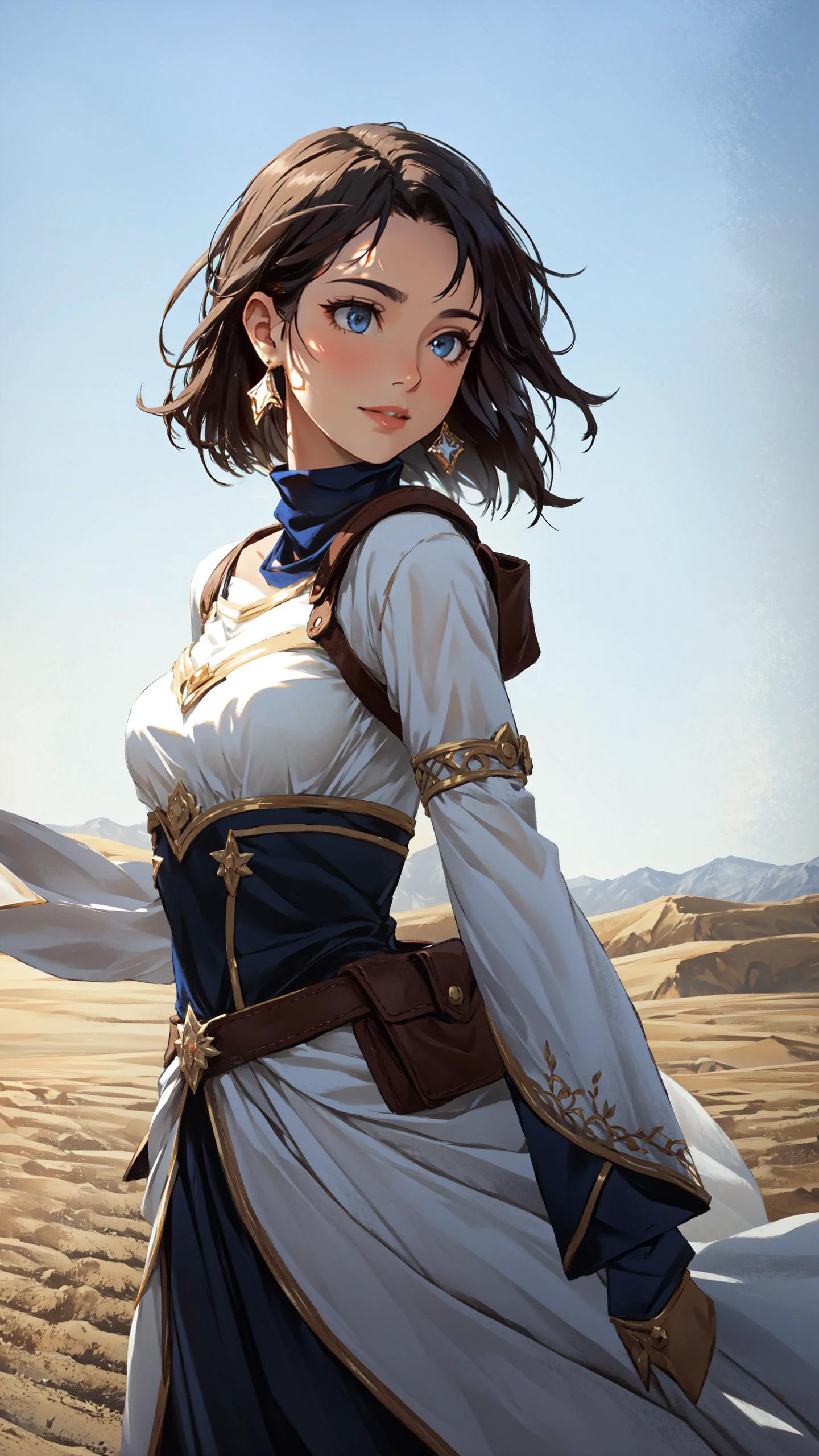 (Layered Depth, Parallax Effect, Soft focus foreground:1.3) (clothed, masterpiece, wide angle, cinematic establishing shot, young adult european woman, highly detailed background:1.2), volumetric lighting, subsurface scattering, dynamic pose, (special effects, color grading, fantasy aura), (Mirage Weaver:1.4), (Small Perky Breasts:0.81), Sandstorm, illusory oasis, desert attire, mystical sand creatures