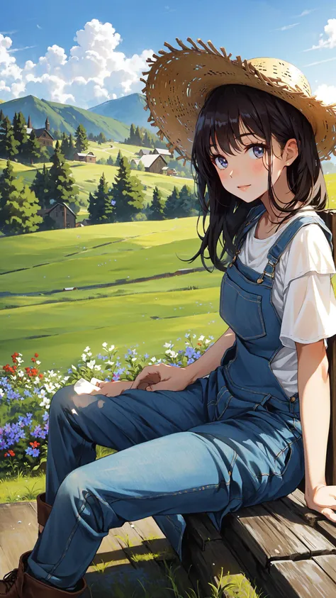 Anime girl sitting on a bench in a field of flowers - SeaArt AI