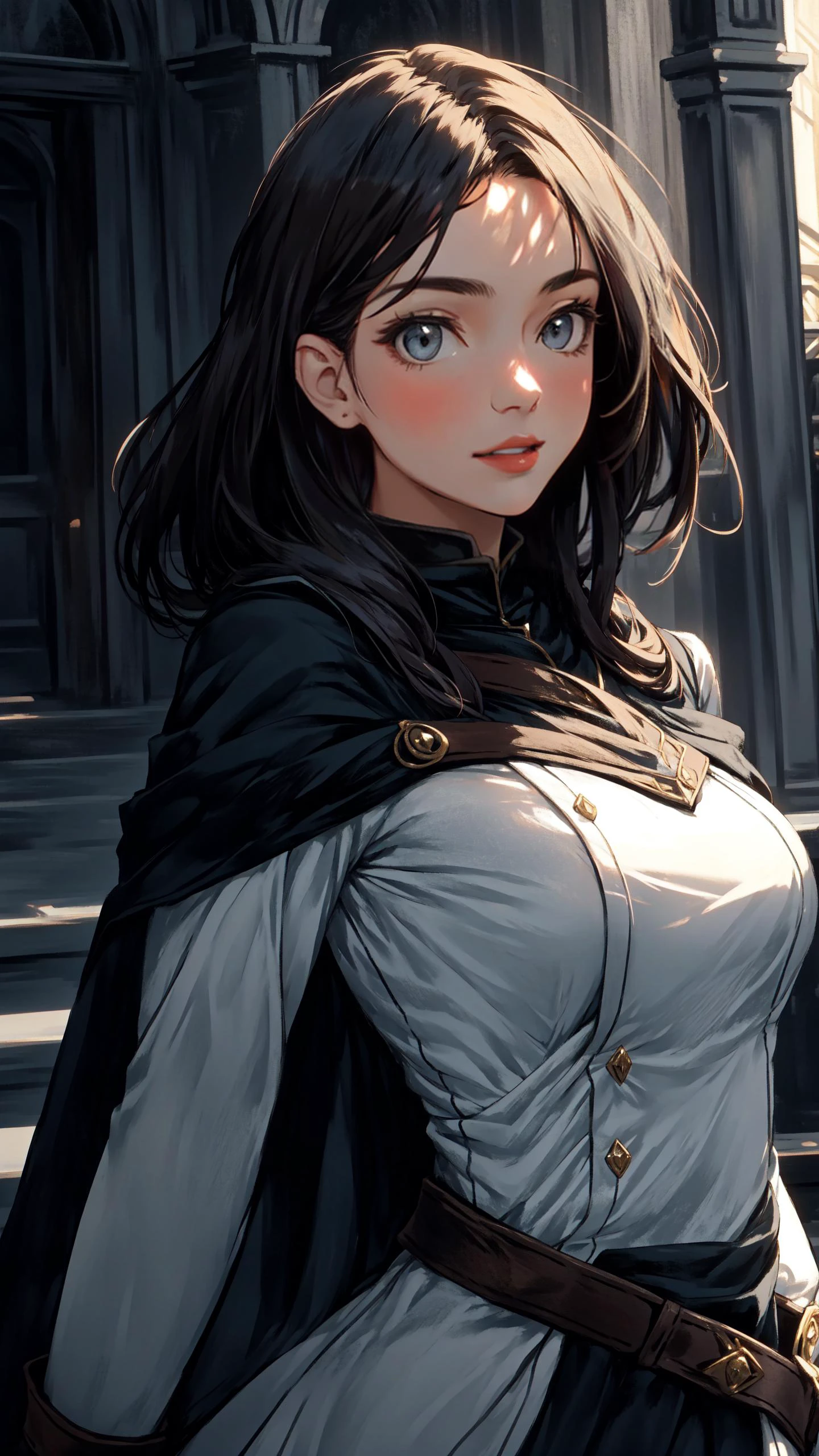 (Layered Depth, Parallax Effect, Soft focus foreground:1.3) (clothed, masterpiece, wide angle, cinematic establishing shot, young adult european woman, highly detailed background:1.2), volumetric lighting, subsurface scattering, dynamic pose, (special effects, color grading, fantasy aura), (Shadow Weaver:1.4), (Small Perky Breasts:0.81), Moonless night, stealthy movements, shadowy cloak, hidden daggers