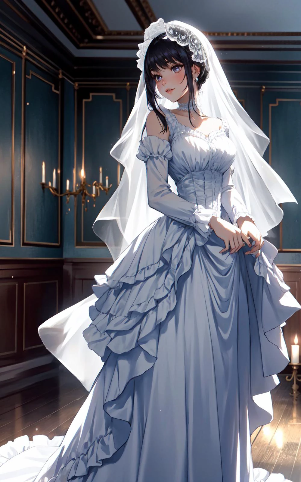 (Layered Depth, Parallax Effect, Soft focus foreground:1.3) (solo focus, cinematic photoshoot of perfect seductive young woman in Victorian Ballroom with Ghostly Apparitions:1.3), grand Victorian ballroom, candles flickering as spectral dancers waltz, their translucent forms casting eerie shadows on ornate tapestries and gilded mirrors.