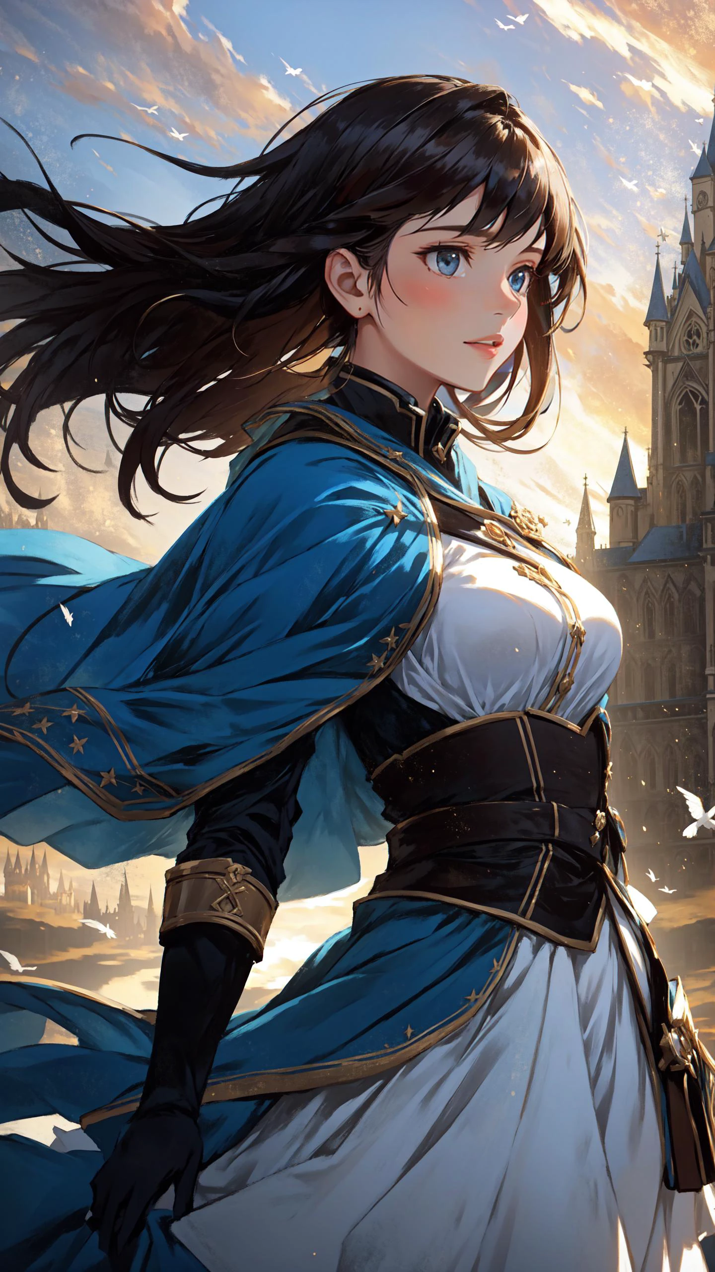 (Layered Depth, Parallax Effect, Soft focus foreground:1.3) (clothed, masterpiece, wide angle, cinematic establishing shot, young adult european woman, highly detailed background:1.2), volumetric lighting, subsurface scattering, dynamic pose, (special effects, color grading, fantasy aura), (Wind Rider:1.4), (Small Perky Breasts:0.81), Skyhigh cliffs, soaring birds, windblown hair, feathered cloak