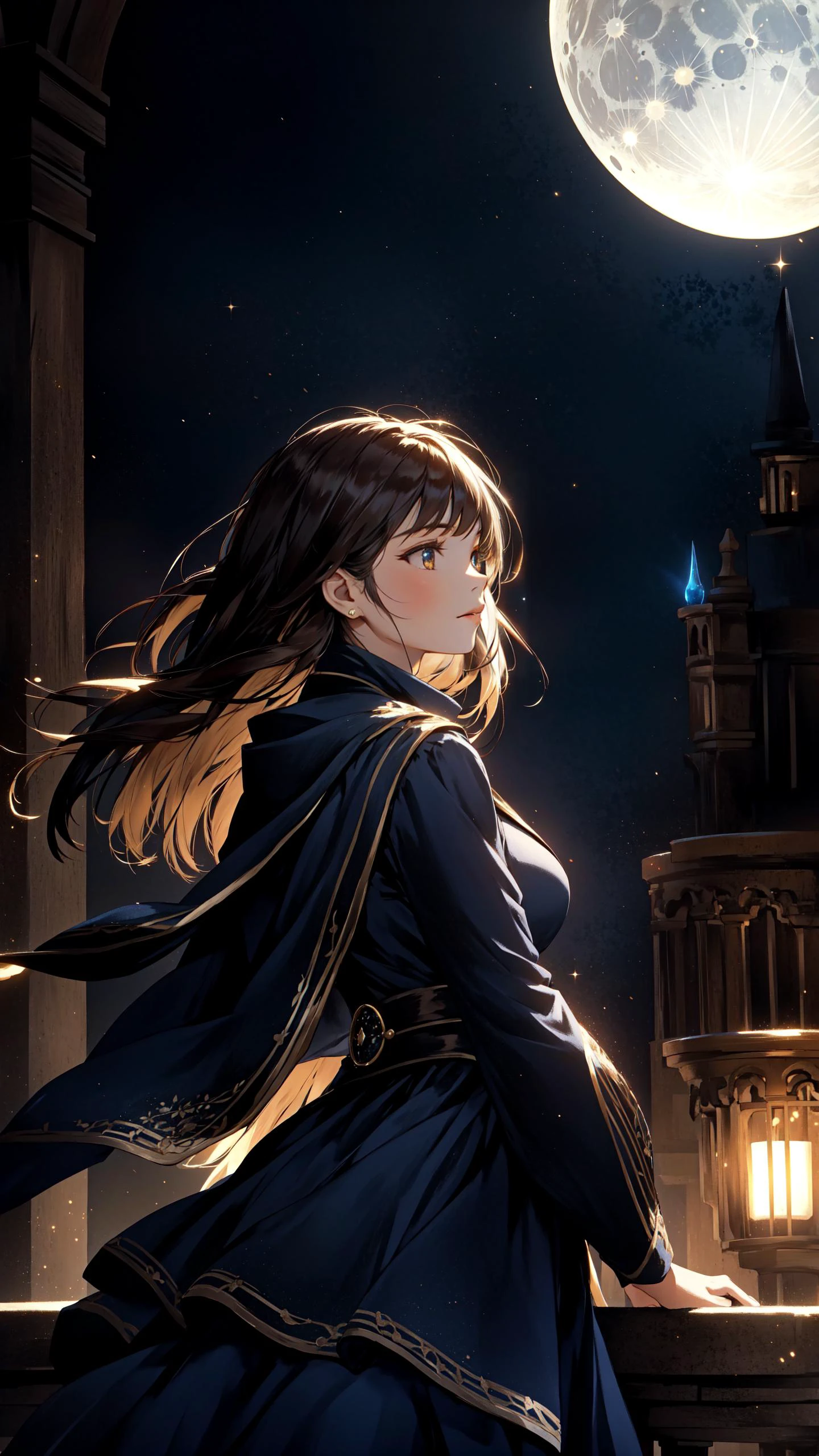 (Layered Depth, Parallax Effect, Soft focus foreground:1.3) (clothed, masterpiece, wide angle, cinematic establishing shot, young adult european woman, highly detailed background:1.2), volumetric lighting, subsurface scattering, dynamic pose, (special effects, color grading, fantasy aura), (Lunar Seer:1.4), (Small Perky Breasts:0.81), Cratered moon, prophetic scrolls, lunar light, starlit mantle