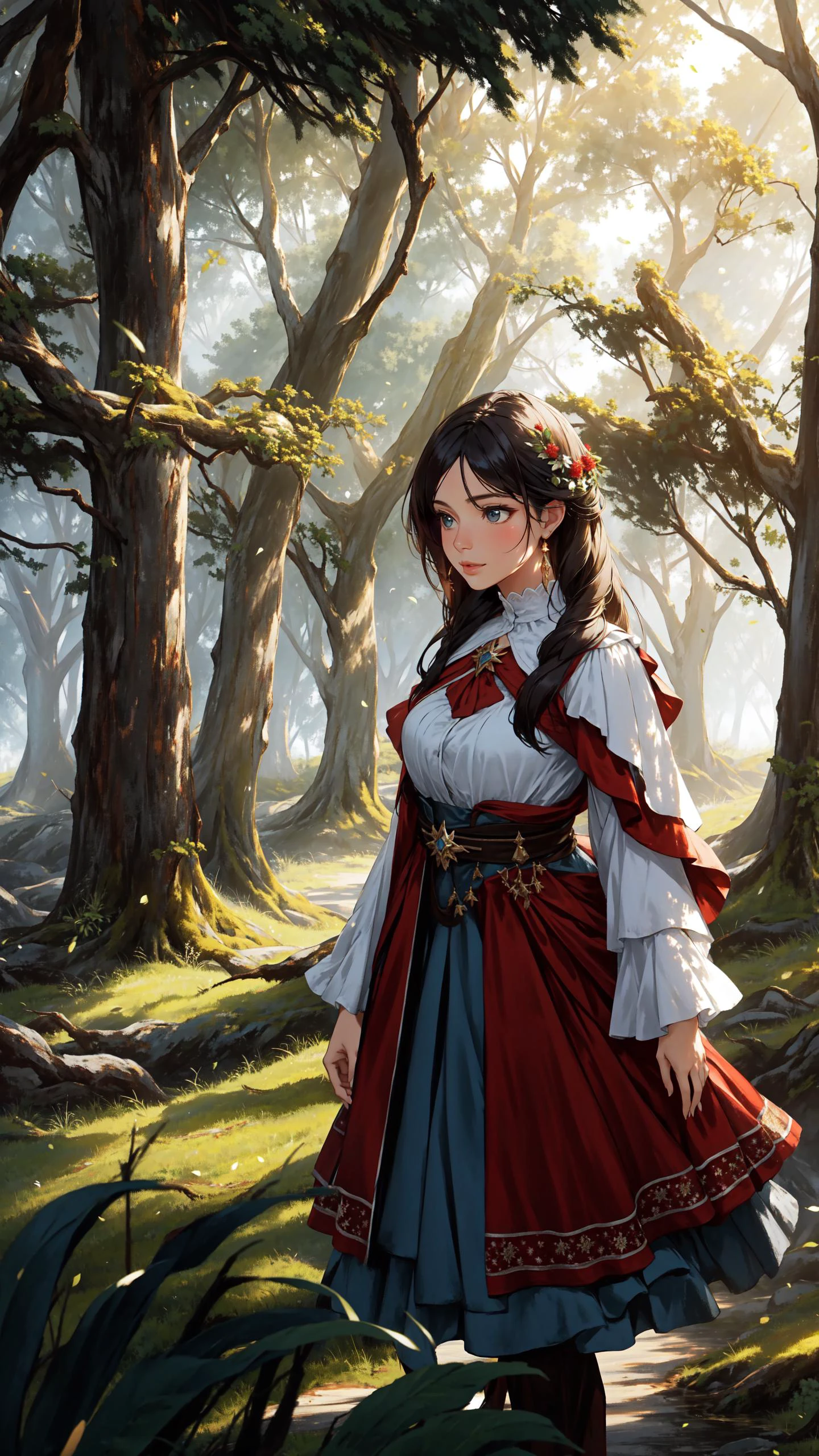 (Layered Depth, Parallax Effect, Soft focus foreground:1.3) (clothed, masterpiece, wide angle, cinematic establishing shot, young adult european woman, highly detailed background:1.2), volumetric lighting, subsurface scattering, dynamic pose, (special effects, color grading, fantasy aura), (Grove Keeper:1.4), (Medium Covered Breasts:0.81), Hidden grove, mystical flora, guardian staff, nature spirits