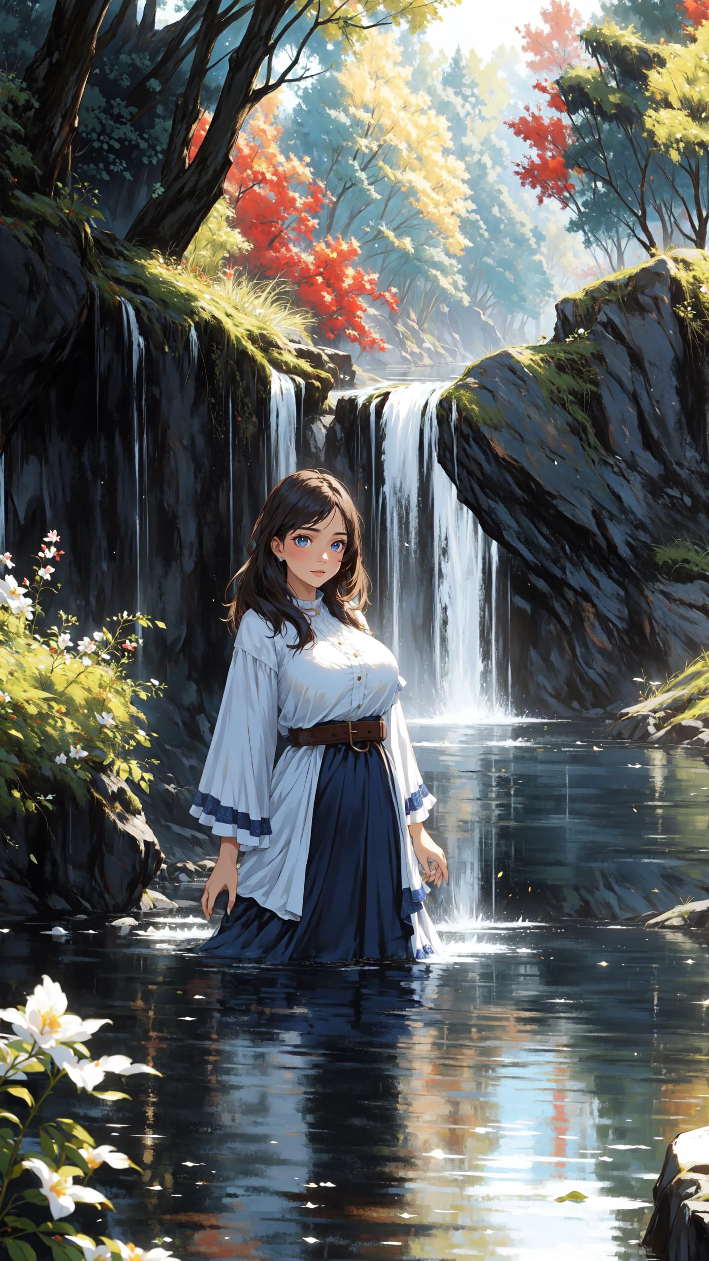 (Layered Depth, Parallax Effect, Soft focus foreground:1.3) (clothed, masterpiece, wide angle, cinematic establishing shot, young adult european woman, highly detailed background:1.2), volumetric lighting, subsurface scattering, dynamic pose, (special effects, color grading, fantasy aura), (Mystic River Healer:1.4), (Medium Covered Breasts:0.81), Serene river, healing herbs, flowing garments, reflective water