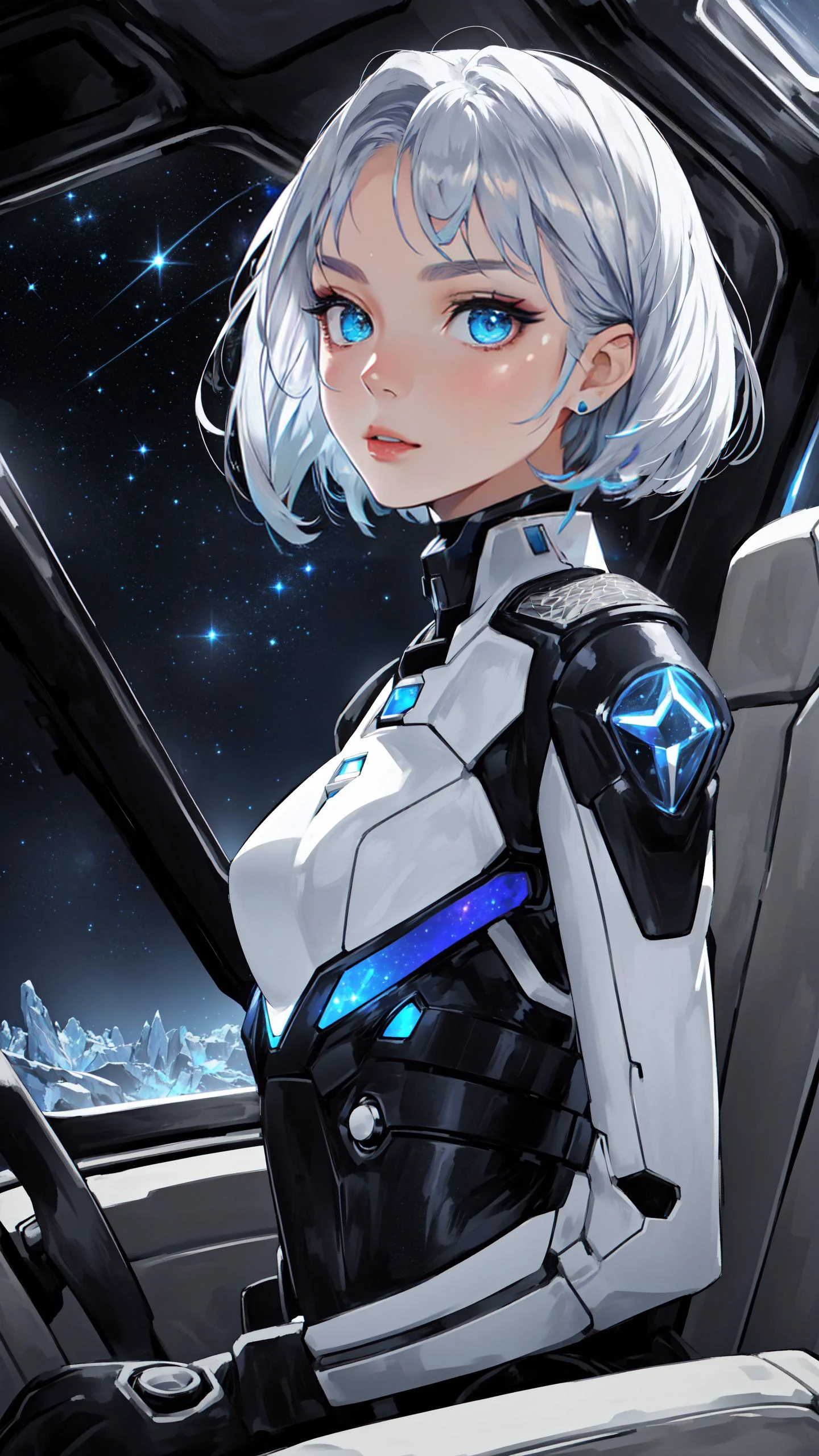 (Layered Depth, Parallax Effect, Soft focus foreground:1.3) (over the shoulder:1.1), movie still, side view, spaceship cockpit, beautiful young skinny auburn caucasian adult woman sitting in spaceship cockpit looking over shoulder at viewer, glowing holographic instruments, (beautiful face:1.11), from behind, smart fabric jumpsuit:1.3, lightweight structured jacket with sharp geometric lines, utility belt, kneehigh boots, fingerless gloves, (large spaceship cockpit with highly polished flooring and stellar view), backlit hair, perfect face, (pale freckles:0.6), (black and silver accents), perfect eyes, (studio lighting:0.3), low key, thin pouting lips, (white bob hair, ombre++ hair:1.2), wide set soft+ turquoise++ eyes, skin pores, (small retrousse nose:1.2), (pale skin), ultra detailed, (Intricate Environment)++, best quality, masterpiece, dramatic angle, highest detailed face, eyelid shimmer makeup, silver eyeshadow, iridescent cheekbones, muted rose lips, deep space blue, BREAK, starlight silver, nebula pink, and black hole black, planetary rings, asteroid clusters, geometric shapes, angular contours, Holographic control panels, chiaroscuro effects, reflective surfaces, starfilled skies, distant galaxies, Chrome finishes, brushed steel, shimmering surfaces, iridescent materials, Minimalist design, clean lines, modernistic details, 8k, best quality, masterpiece, (large covered breasts:0.9)