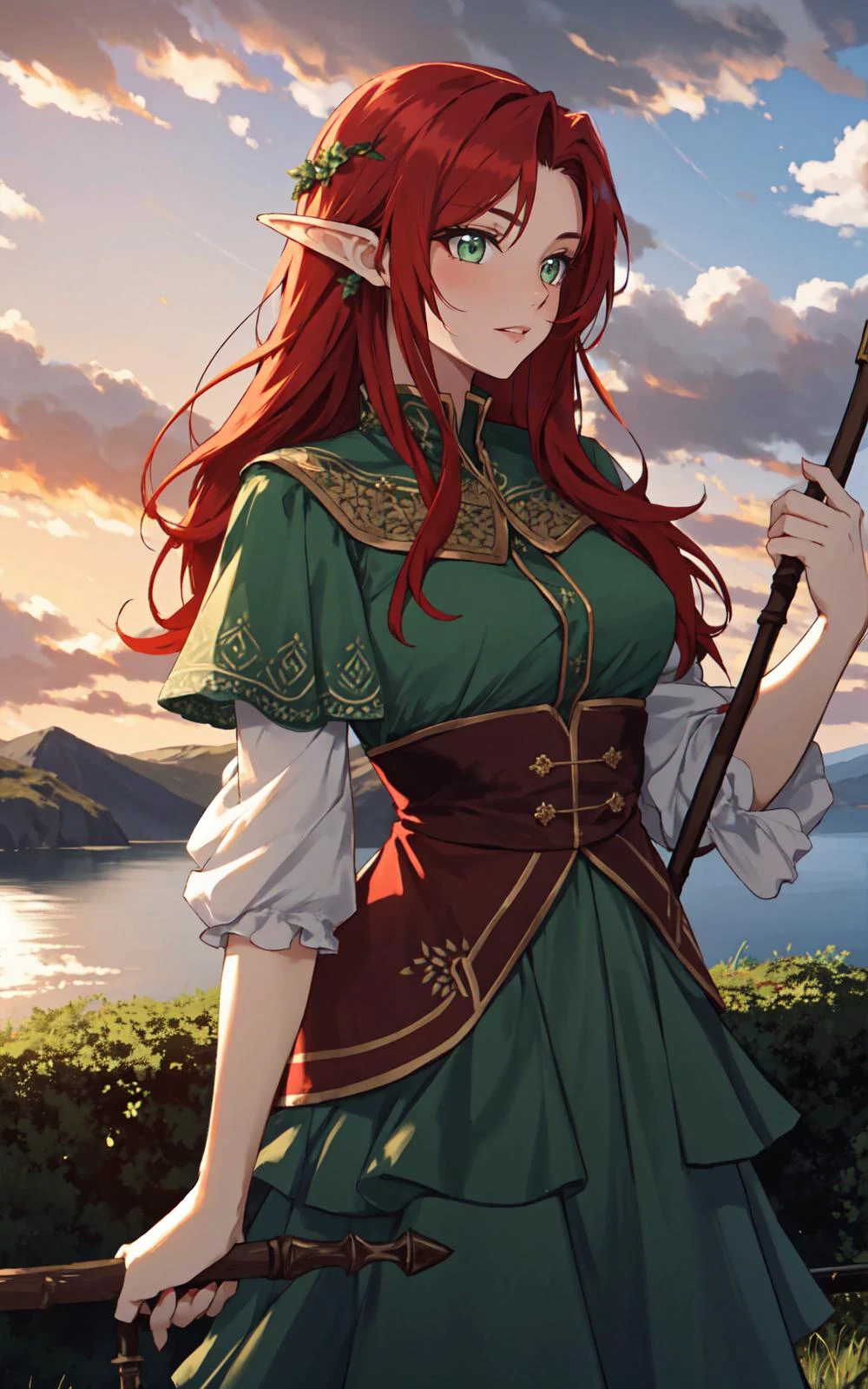 (Layered Depth, Parallax Effect, Soft focus foreground:1.3) outdoor Scottish highlands, vivid sunset hues, fantasy setting. A striking redhead woman, (distinctly Scottish), wearing an elaborate elven inspired gown is a fusion of deep emerald green and earthy browns, with intricate Celtic knotwork embroidery in gold thread, Flowing sleeves, a fitted bodice+, short skirt , fiery red hair is styled in a cascade of loose curls, green eye, stands atop a grassy knoll, overlooking a misty loch. In her hands, she holds an ancient, rune carved staff, emanating a soft, other worldly glow.,
