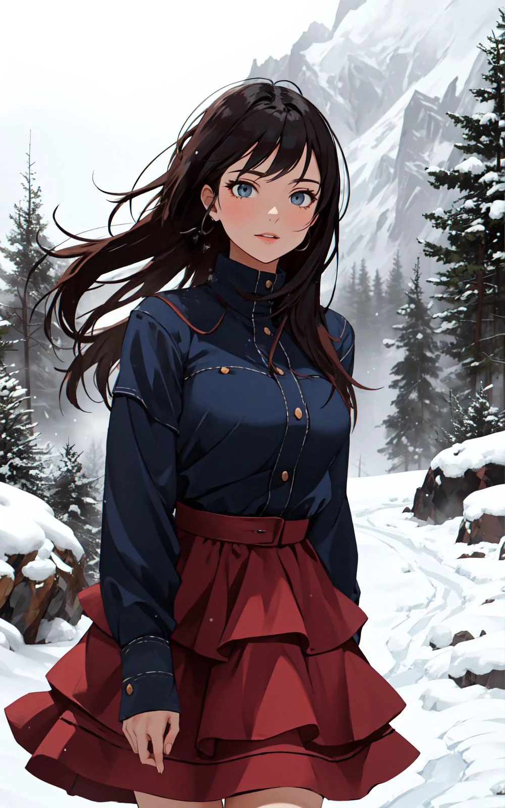 (Layered Depth, Parallax Effect, Soft focus foreground:1.3) (cowboy shot, solo-focus, cinematic photoshoot of perfect seductive young woman Navigating a Treacherous Mountain Path in a Blizzard:1.3), perilous journey along a snow-laden mountain path, with fierce blizzard winds sculpting surreal snowdrifts and ice formations, under a brooding, stormy sky.