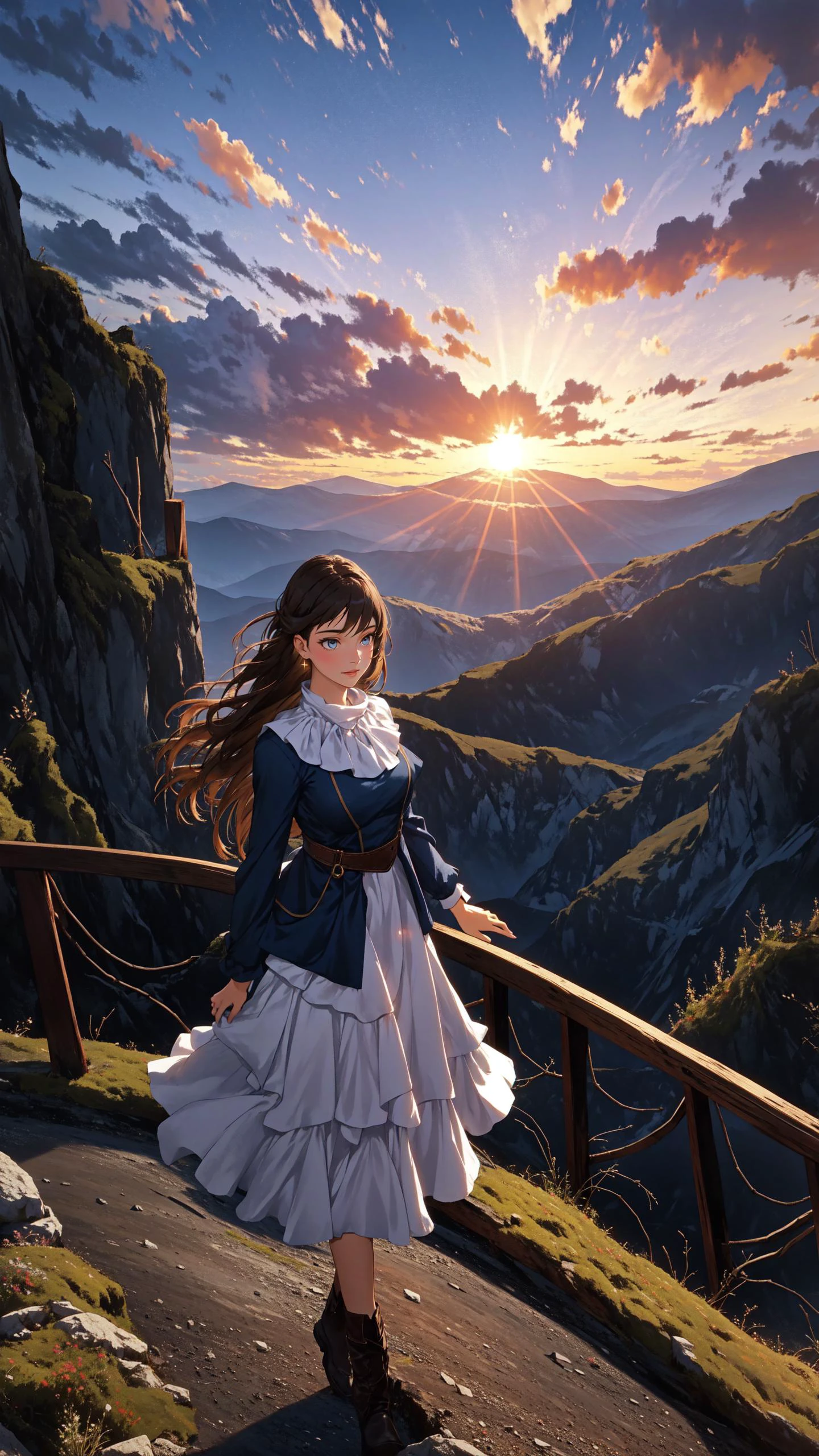 (Layered Depth, Parallax Effect, Soft focus foreground:1.3) (clothed, masterpiece, wide angle, cinematic establishing shot, young adult european woman, highly detailed background:1.2), volumetric lighting, subsurface scattering, dynamic pose, (special effects, color grading, fantasy aura), (Sky Painter:1.4), (Small Perky Breasts:0.81), Sunset canvas, paintbrush, vibrant clouds, celestial inspiration