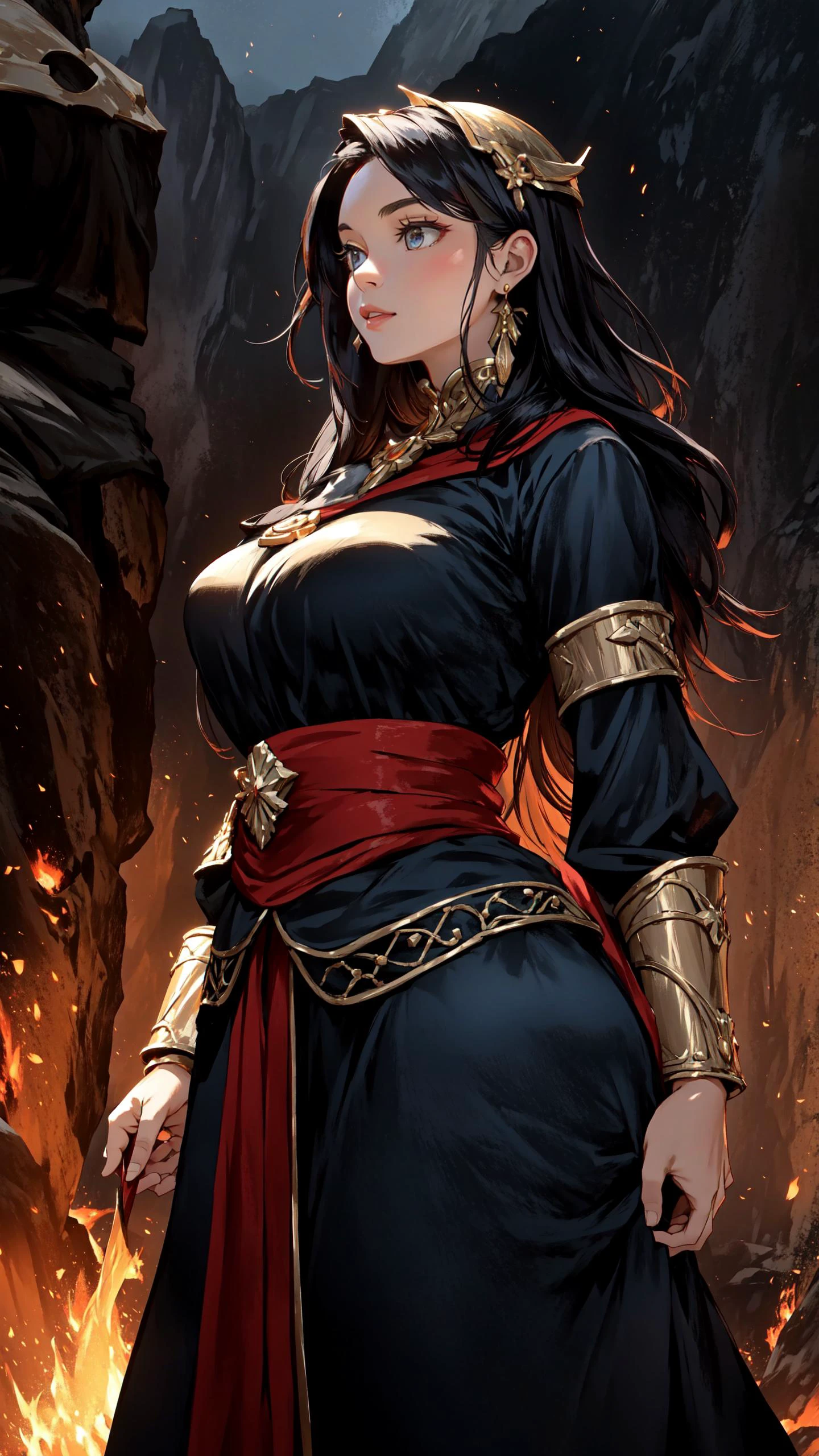 (Layered Depth, Parallax Effect, Soft focus foreground:1.3) (clothed, masterpiece, wide angle, cinematic establishing shot, young adult european woman, highly detailed background:1.2), volumetric lighting, subsurface scattering, dynamic pose, (special effects, color grading, fantasy aura), (Volcanic Priestess:1.4), (Medium Covered Breasts:0.81), Lava flows, ritual mask, fiery incantations, molten rock