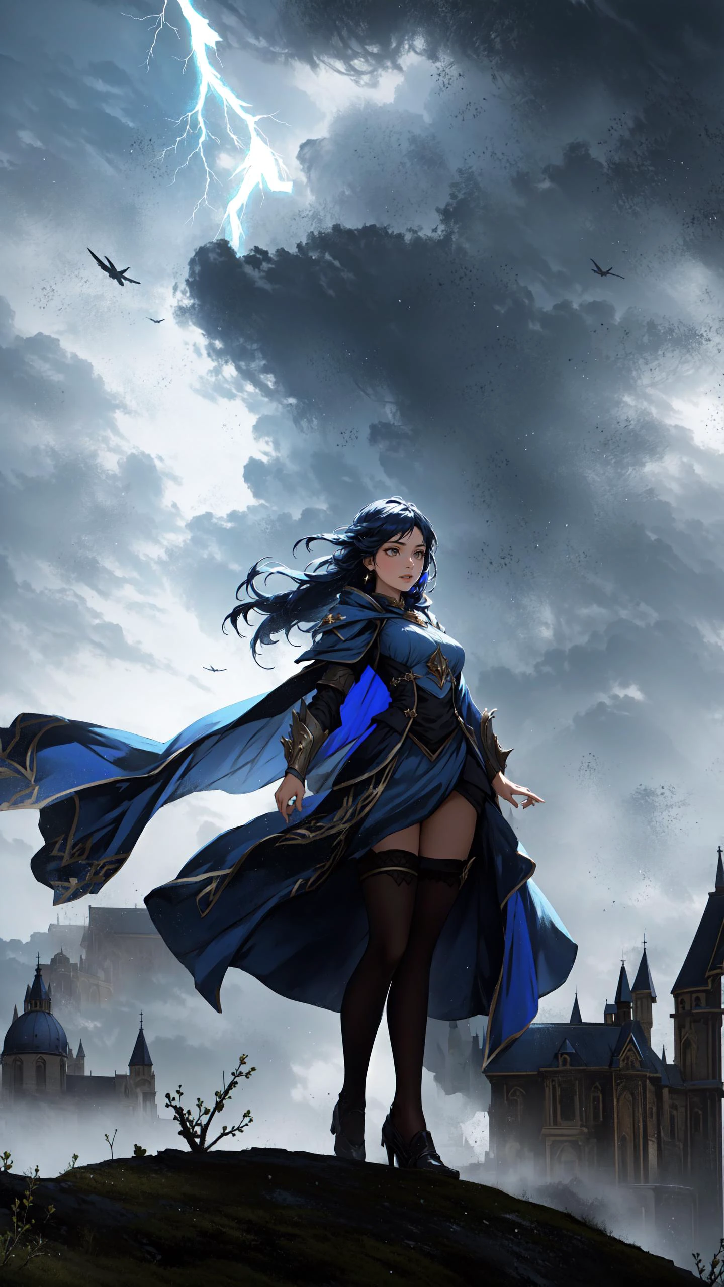 (Layered Depth, Parallax Effect, Soft focus foreground:1.3) (clothed, masterpiece, wide angle, cinematic establishing shot, young adult european woman, highly detailed background:1.2), volumetric lighting, subsurface scattering, dynamic pose, (special effects, color grading, fantasy aura), (Stormcaller:1.4), (Medium Covered Breasts:0.81), Thunderclouds, lightning bolt, tempest robes, commanding presence