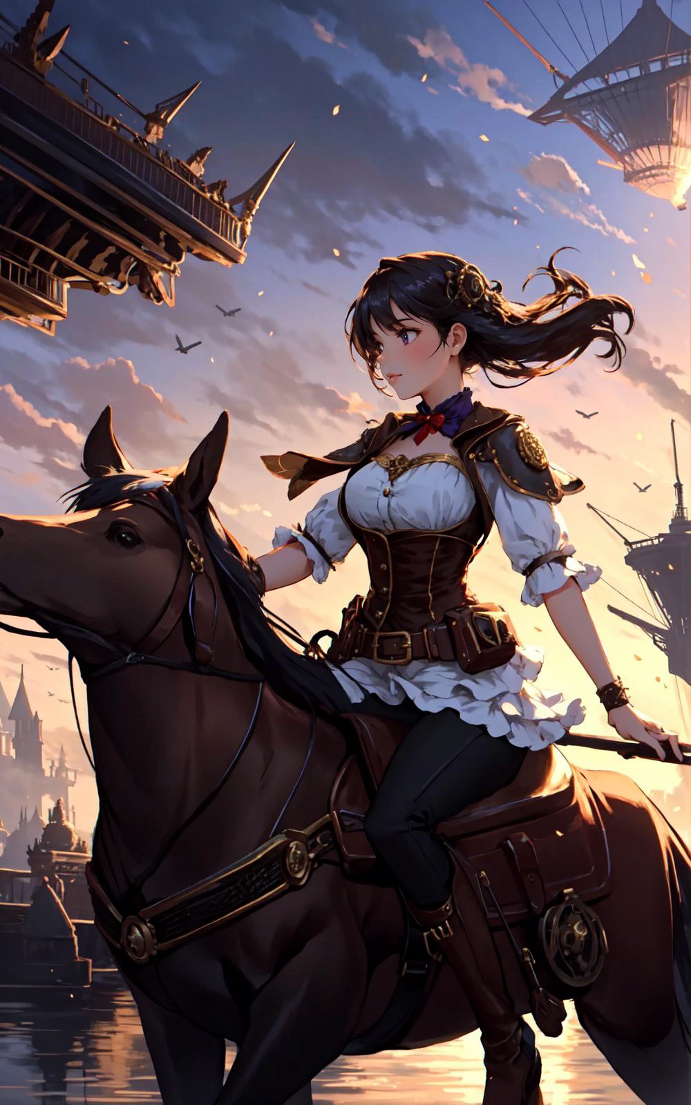 (Layered Depth, Parallax Effect, Soft focus foreground:1.3) (solo-focus, cinematic photoshoot of perfect seductive young woman riding Steampunk Airship:1.3), majestic steampunk airship adorned with intricate brass gears and glowing steam vents, navigating through a sky streaked with amber and violet hues, amidst floating islands and surreal cloud formations.