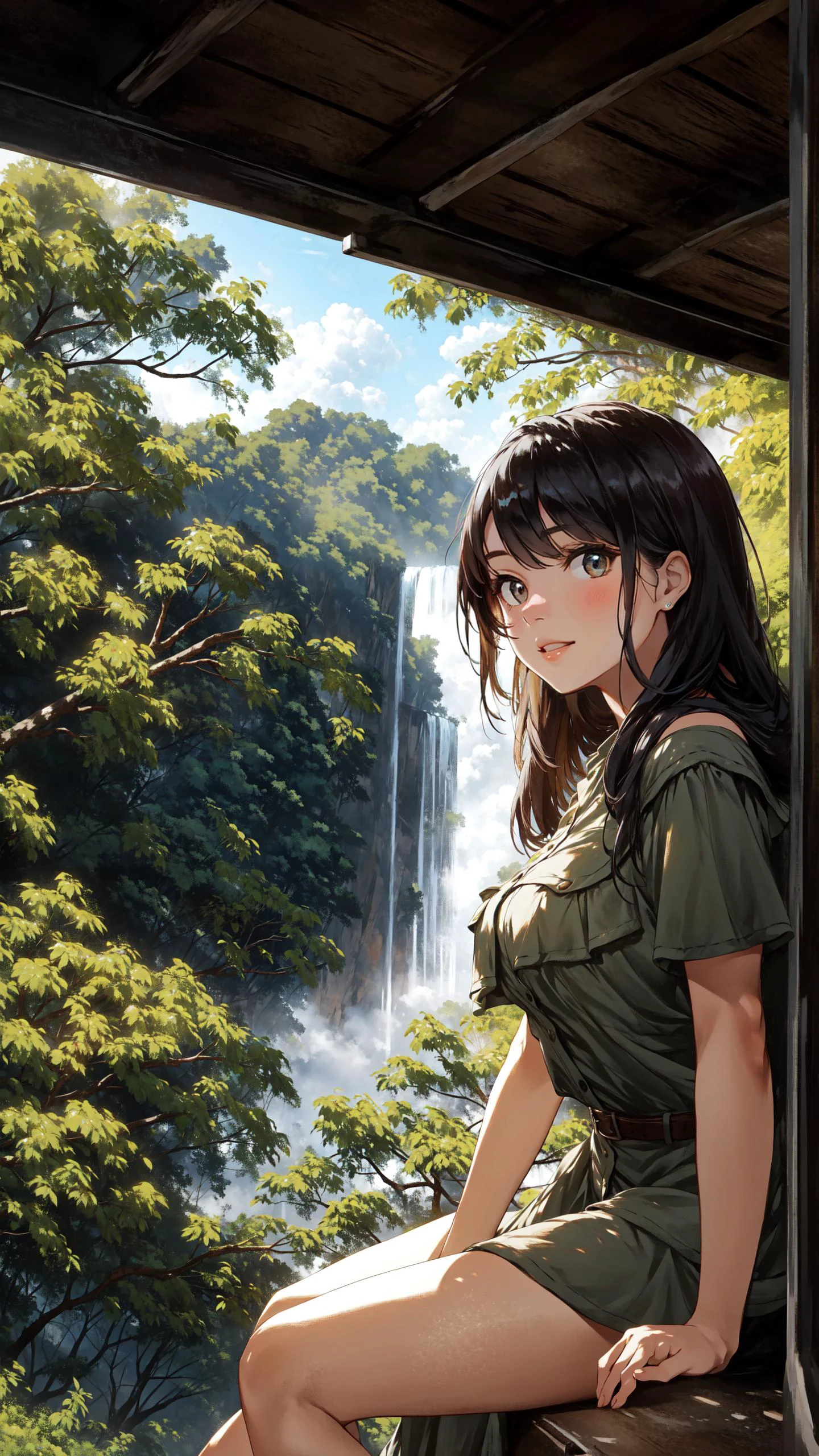 (Layered Depth, Parallax Effect, Soft focus foreground:1.3) (1girl, perfect seductive young woman Enjoying a Dinosaur Safari Adventure:1.3), thrilling safari through a lush, prehistoric jungle, observing majestic dinosaurs in their natural habitat, with towering waterfalls and ancient, towering trees.