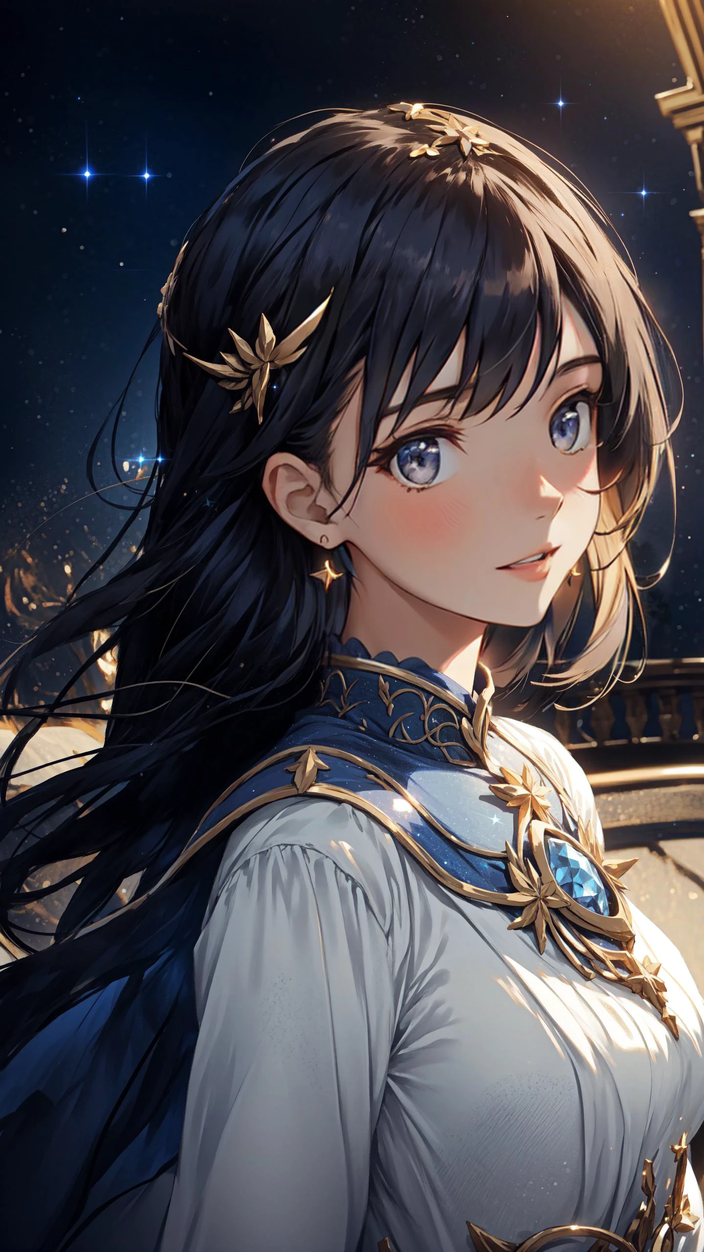(Layered Depth, Parallax Effect, Soft focus foreground:1.3) (clothed, masterpiece, wide angle, cinematic establishing shot, young adult european woman, highly detailed background:1.2), volumetric lighting, subsurface scattering, dynamic pose, (special effects, color grading, fantasy aura), (Celestial Navigator:1.4), (Small Perky Breasts:0.81), Starfilled sky, astrolabe, celestial robes, guiding constellations