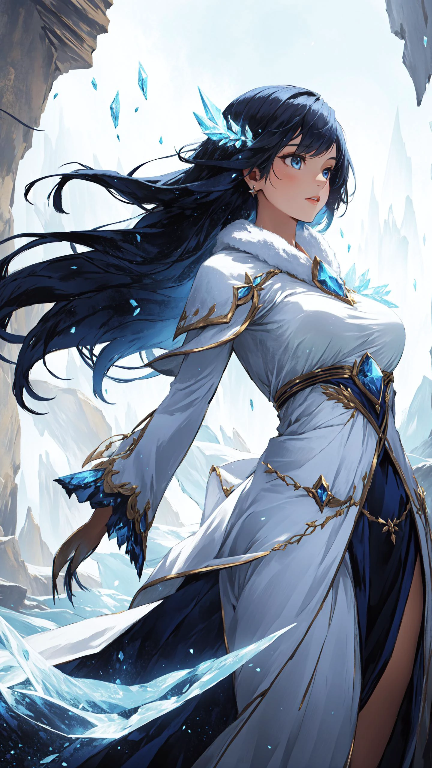 (Layered Depth, Parallax Effect, Soft focus foreground:1.3) (clothed, masterpiece, wide angle, cinematic establishing shot, young adult european woman, highly detailed background:1.2), volumetric lighting, subsurface scattering, dynamic pose, (special effects, color grading, fantasy aura), (Arctic Sorceress:1.4), (Small Perky Breasts:0.81), Icy landscape, frosty breath, polar auroras, enchanted icicles