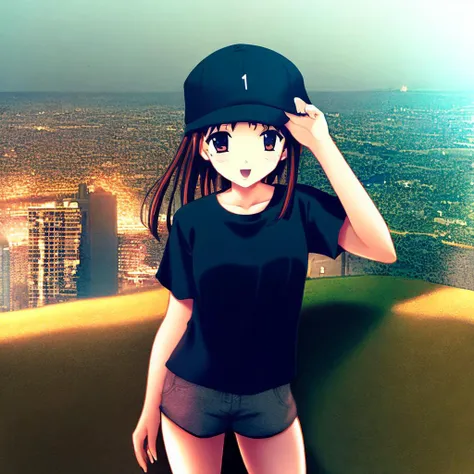 masterpiece, best quality, 1girl, happy, looking at viewer, city background, baseball cap, t-shirt, shorts, <lora:nanao-style_v1.0:1>