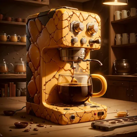 masterpiece, absurdres, extremely detailed, <lora:madeofearthai:0.6>, madeofearthai, yellow earth, coffee machine, day, volumetric lighting,