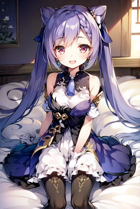 1girl, keqing (genshin impact),
<lora:keqingGenshinImpact3in1_v10:1>
cat pose, smile, open mouth, happy face, cute, kawaii, blush, shy,
pantyhose, hair bun, purple hair, gloves, ((twintails)), long hair, purple eyes, diamond-shaped pupils, bare shoulders, hair ornament, black pantyhose, cone hair bun, detached sleeves,dress, jewelry, medium breasts, earrings, bangs, frills, purple dress, black gloves, braid, skirt, <lora:KeTaStyle_v10:1>