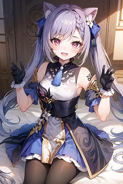 1girl, keqing (genshin impact),
<lora:keqingGenshinImpact3in1_v10:1>
cat pose, smile, open mouth, happy face, cute, kawaii, blush, shy,
pantyhose, hair bun, purple hair, gloves, ((twintails)), long hair, purple eyes, diamond-shaped pupils, bare shoulders, hair ornament, black pantyhose, cone hair bun, detached sleeves,dress, jewelry, medium breasts, earrings, bangs, frills, purple dress, black gloves, braid, skirt, <lora:rurudo-000008:0.2>
