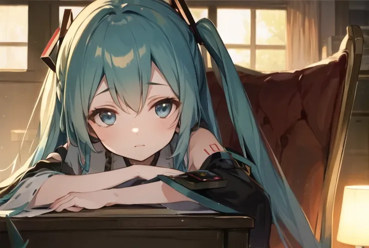 masterpiece, best quality, 1girl, tohou, long hair, looking at viewer, green_hair, hatsune miku,  side, seat, miko, blue eyes,