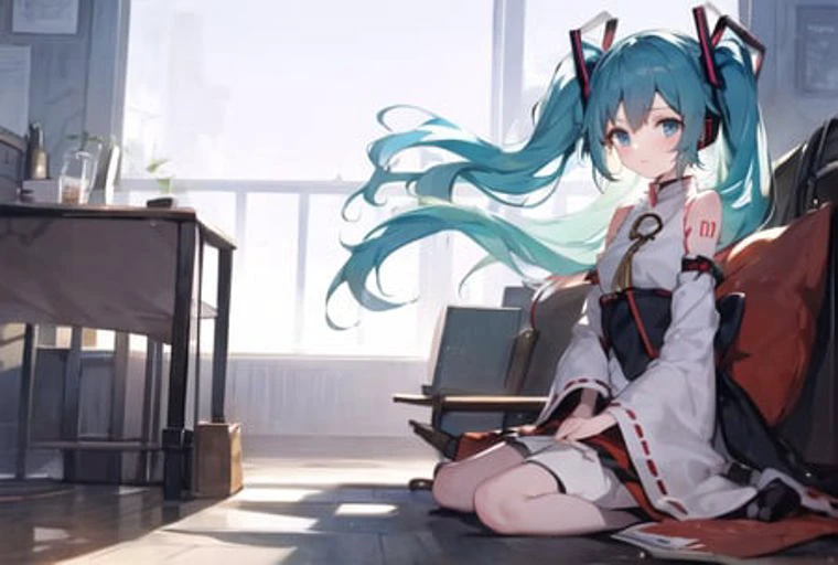 masterpiece, best quality, 1girl, tohou, long hair, looking at viewer, green_hair, hatsune miku, side, seat, miko, blue eyes,