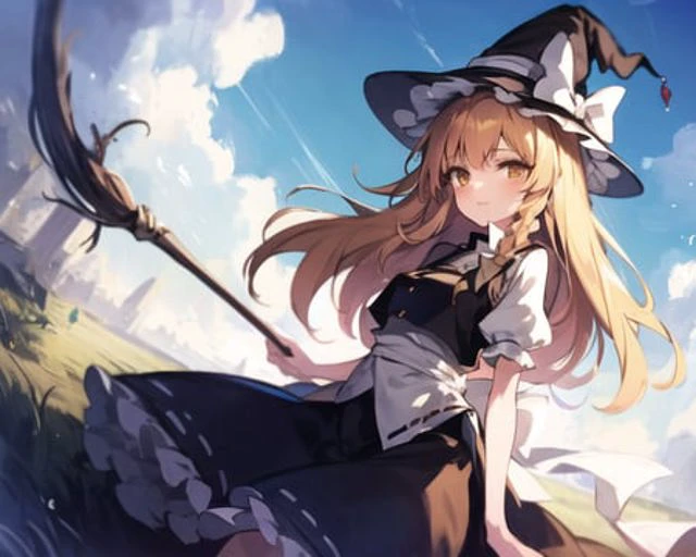 masterpiece, best quality, 1girl, tohou, long hair, kirisame marisa, blonde hair, sky, touhou, fantasy, witch hat,