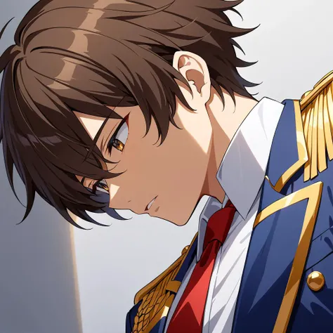 <lora:Kanie_New_XL:0.7>,<lora:DetailedEyes_V3:1.6>,looking down,shadow face,parted lips,from below,
Seiya Kanie,(1boy),solo,Dark Brown hair,white shirt,white dress shirt under a dark blue jacket with golden accents,gold aiguillettes worn on the right shoulder,a red tie,gray pants,and a red armband,