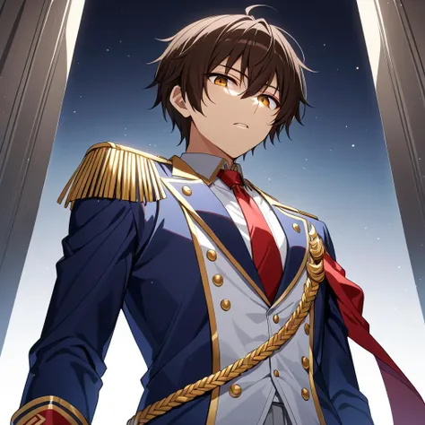 <lora:Kanie_New_XL:0.7>,<lora:DetailedEyes_V3:1.6>,looking down,shadow face,parted lips,from below,looking at viewer,
Seiya Kanie,(1boy),solo,Dark Brown hair,white shirt,white dress shirt under a dark blue jacket with golden accents,gold aiguillettes worn on the right shoulder,a red tie,gray pants,and a red armband,