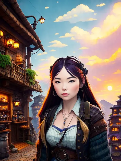 modelshoot style, (extremely detailed 8k wallpaper, Ultrarealistic:1.3),a medium shot photo of a (beautiful 20 years old female warrior of Caucasian origin with a (very detailed very long hair with an intricate hairstyle:1.3)), Intricate, High Detail, dramatic, photo realistic, HDR, UHD, photography, subsurface scattering, (depth of field:0.3), (full body shot:1.3), full-length portrait, fantasy setting, village background, Style-Kitchen, VCM07_style