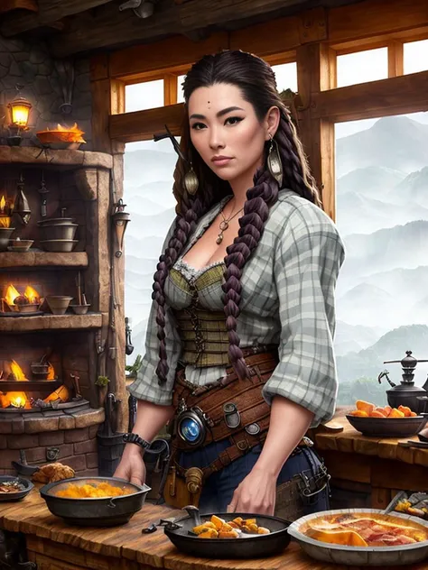 modelshoot style, (extremely detailed 8k wallpaper, Ultrarealistic:1.3),a medium shot photo of a (beautiful 20 years old female warrior of Asian origin with a (very detailed very long hair with an intricate hairstyle:1.3)), Intricate, High Detail, dramatic, photo realistic, HDR, UHD, photography, subsurface scattering, (depth of field:0.3), (full body shot:1.3), full-length portrait, fantasy setting, village background, Style-Kitchen