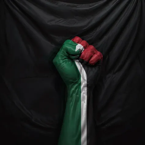 realistic,highres,reality,creative,huge filesize, <lora:PalestineFlagSdxl:1>, Palestine flag with a fist in the middle of it,free palestine night, shadows, cinematic, trending on Artstation