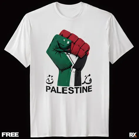 realistic,highres,reality,creative,huge filesize, <lora:PalestineFlagSdxl:1>, a white t - shirt with a fist in the middle of it,free palestine palace, symmetry, fantasy,8k, artstation, film mood, light effect, rtx, runic, hyper detailed, elegant, highly detailed,8k, digital painting, concept art, sharp focus, illustration, golden ratio