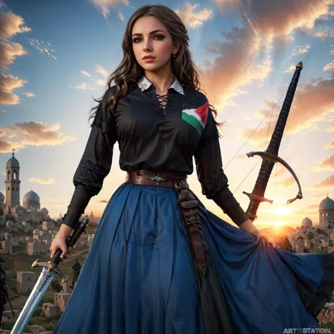 realistic,highres,reality,creative,huge filesize, <lora:PalestineFlagSdxl:1>, a black shirt with Palestine flag and a long blue skirt, Sword and crossbow, victorian, heroine, beautiful, (sunset), ((raytracing)), trending on artstation, artstationHD, artstationHQ, patreon, 4k, 8k, effortimite