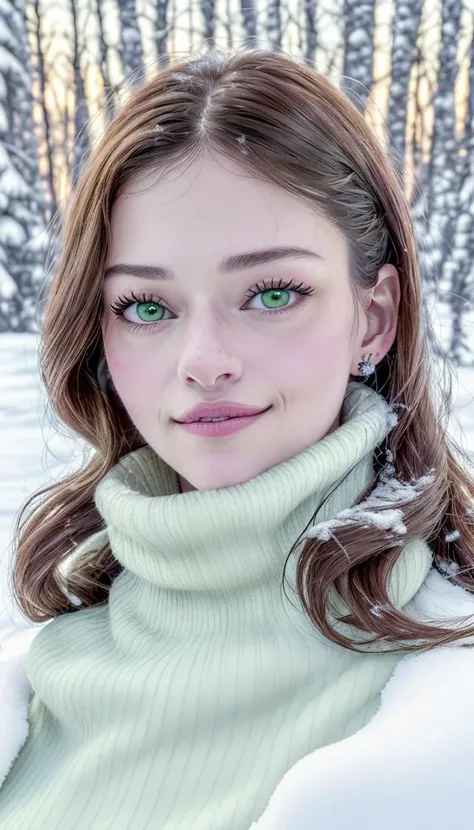 <lora:epiNoiseoffset_v2:1>, a 8k award winning close-up portrait photo of a brunette woman, macfoyv12 , wearing a white turtleneck sweater with trees and snow covered ground in the background, high quality, high definition, rule of thirds, sharp, golden hour, soft light, (green:30 eyes)