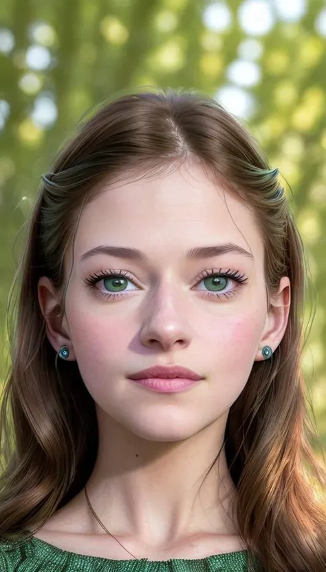 a 8k award winning close-up portrait photo of a skinny young brunette woman, macfoyv12 , wearing a blue dress with trees in the background, high quality, high definition, rule of thirds, sharp, golden hour, soft light, (green:30 eyes)