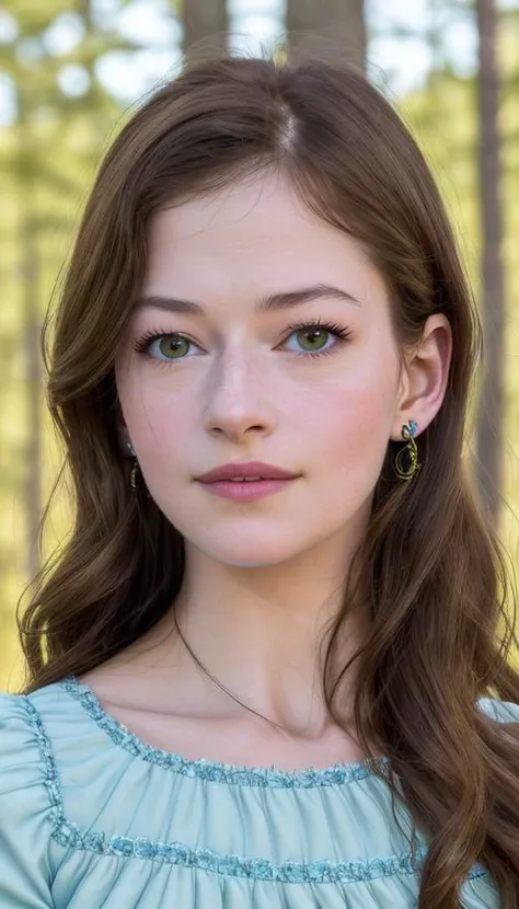 a 8k award winning close-up portrait photo of a skinny young brunette woman, macfoyv12-11500 , wearing a blue dress with trees in the background, high quality, high definition, rule of thirds, sharp, golden hour, soft light, (green:30 eyes)